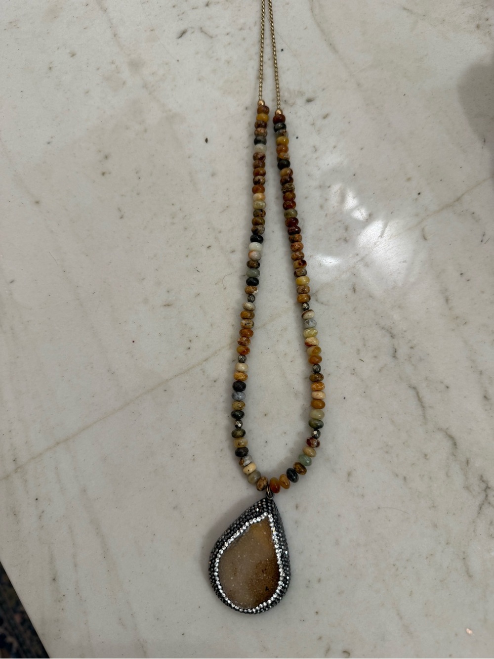 Beaded Golden Brown Druzy Teardrop Pendant Necklace